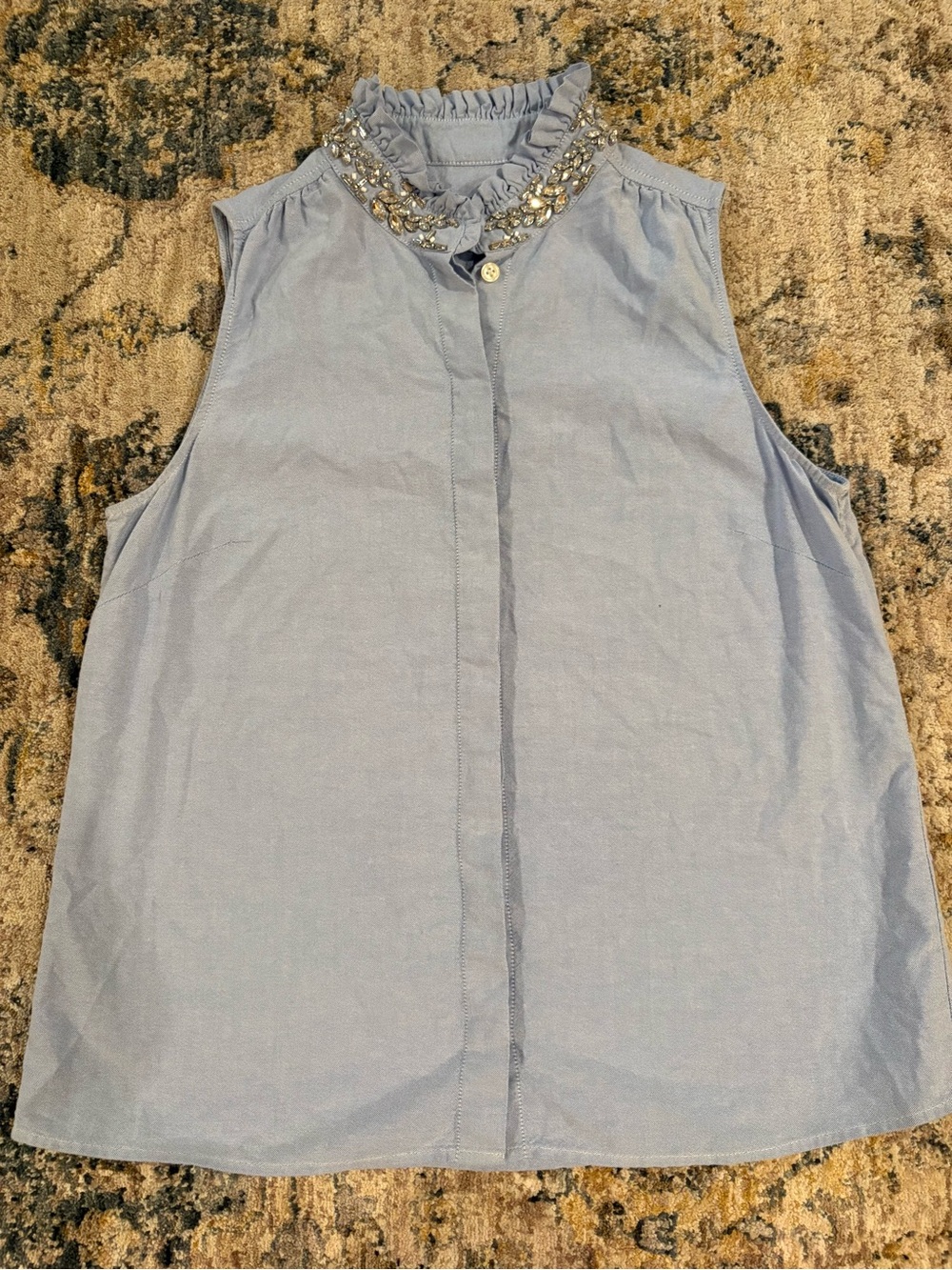 J. Crew Sleeveless Button Down Polo Blouse Blue Jewled Embellished Collar Size 6